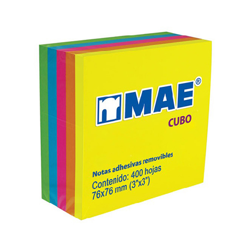 Cubo De Notas Adhesivas MAE 21012 Neón, 3" x 3", 400 Hojas