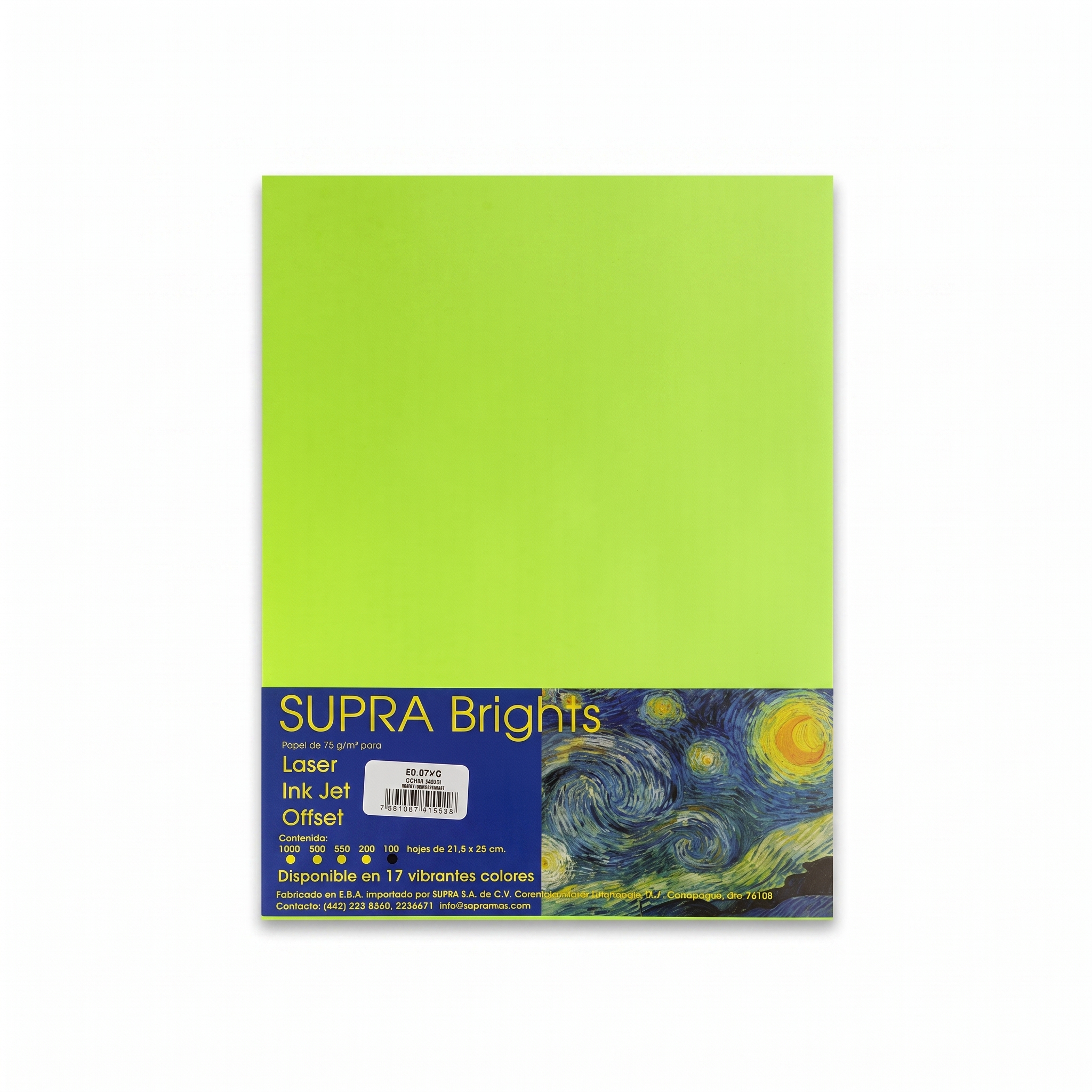 Hoja Supra Bright, Tamaño Carta, C/100, #4, Electric Green, (1 Pieza)