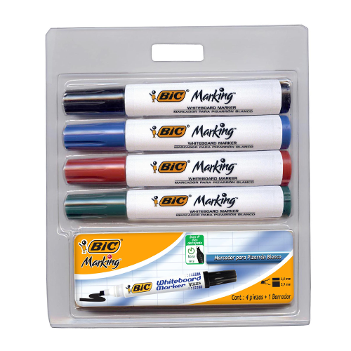 Marcador Bic para pintarron con 4 + Borrador.