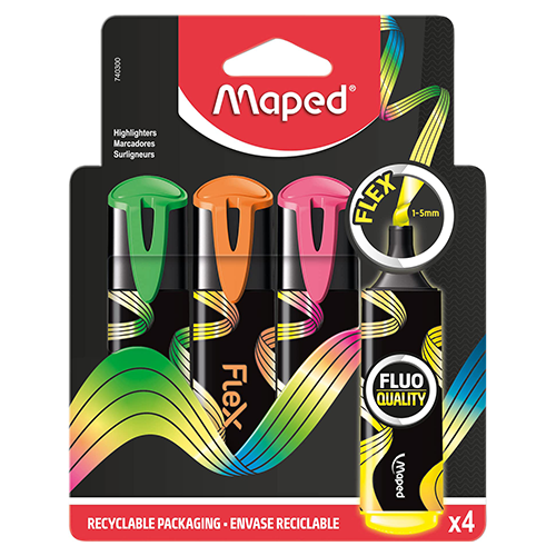 Marcador marca textos Maped Flex fluo, con 4 piezas, Modelo: 740300.