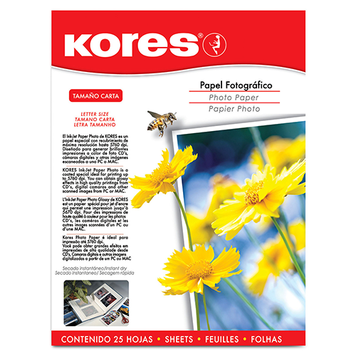 Papel fotográfico Kores, tamaño carta, con 25 hojas.