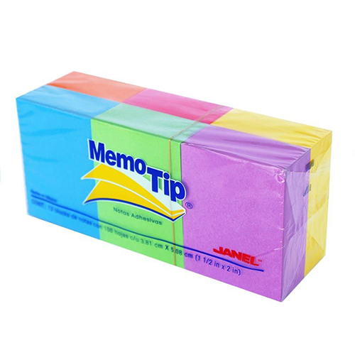 Block de notas adhesivas Janel memo tip 1 1/2" X 2" neón, 1.5x2 C/12.