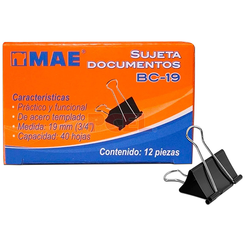 Sujeta documentos, marca Mae, Medida: ¾” 19MM, C/12, Modelo: BC-19, 1 Pieza.