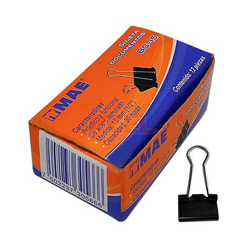 Sujeta documentos Mae con 12 piezas, Medida: 15MM, Modelo: BC-15, 1 Pieza.