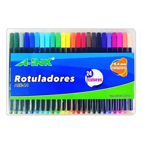 Plumon Rotulador A-ink Triangular estuche con 24 piezas, Modelo: AEE-24