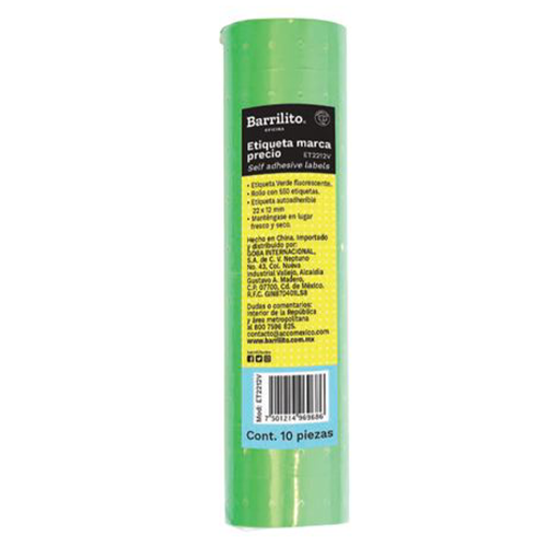 Etiqueta Barrilito 22X12 Fluorescente rollo C/550, verde, Modelo: ET2212V, C/10 Rollo.