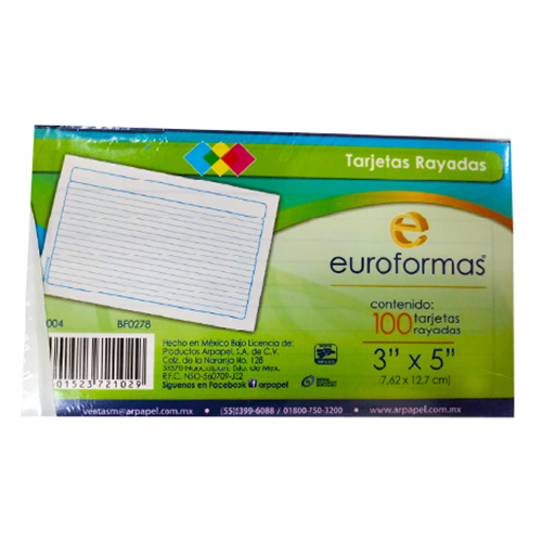 Fichas bibliográficas marca Euroformas, Modelo: TI0004, 3x5”, rayada C/100.