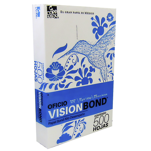 Hoja visión bond, tamaño oficio, con 500 hojas, 97% de blancura, 50 KG.